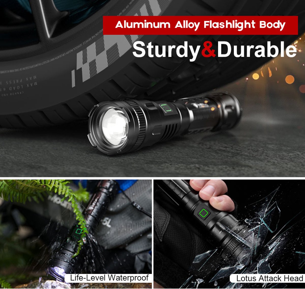 LED Flashlight - With Zoom Function & Waterproof - LED Flashlight - With Zoom Function & Waterproof - Battery-Powered Flashlight - USB Rechargeable...