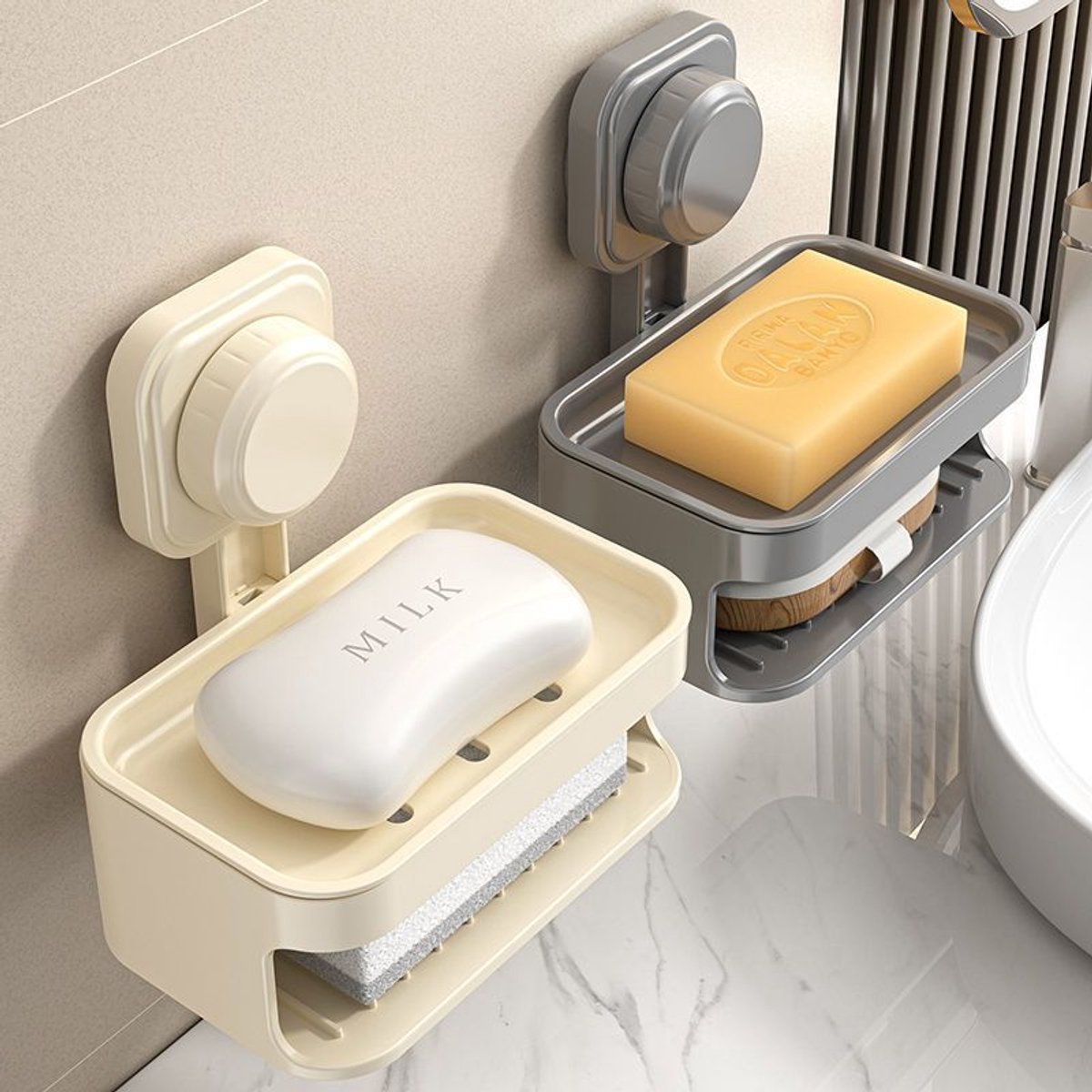 Soapbox - suction cup household high-end drain soap rack - soapbox - bathroom - toilet - wall-mounted - double-layer anti-collision soapbox