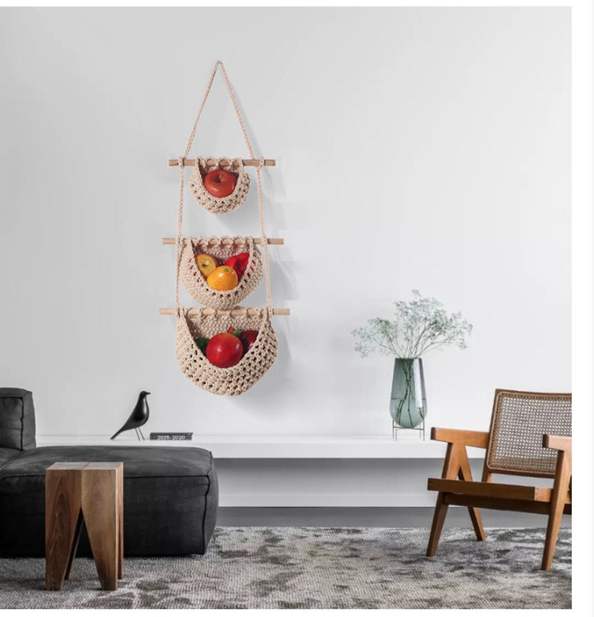 Three-Tier Hanging Fruit and Vegetable Basket - Removable Wall Rack - Hand-Woven Beige Wall Basket - Multifunctional Kitchen Storage Rack - Fruit...