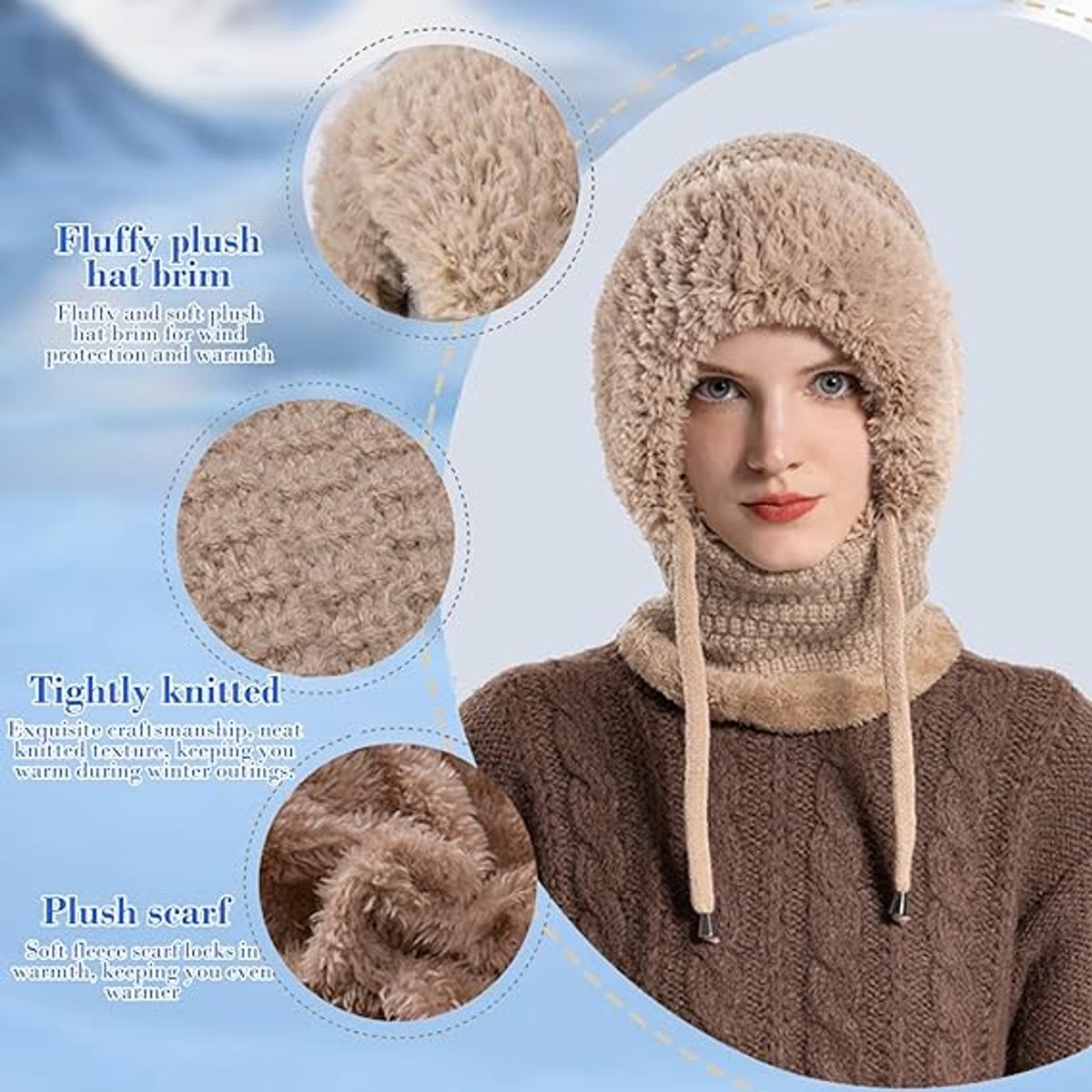 3-in-1 Insulated Hat, Scarf & Face Mask - Knitted Hooded Hat - Ski Face Mask - Warm, Windproof Knitted Headband/Scarf for Fall/Winter
