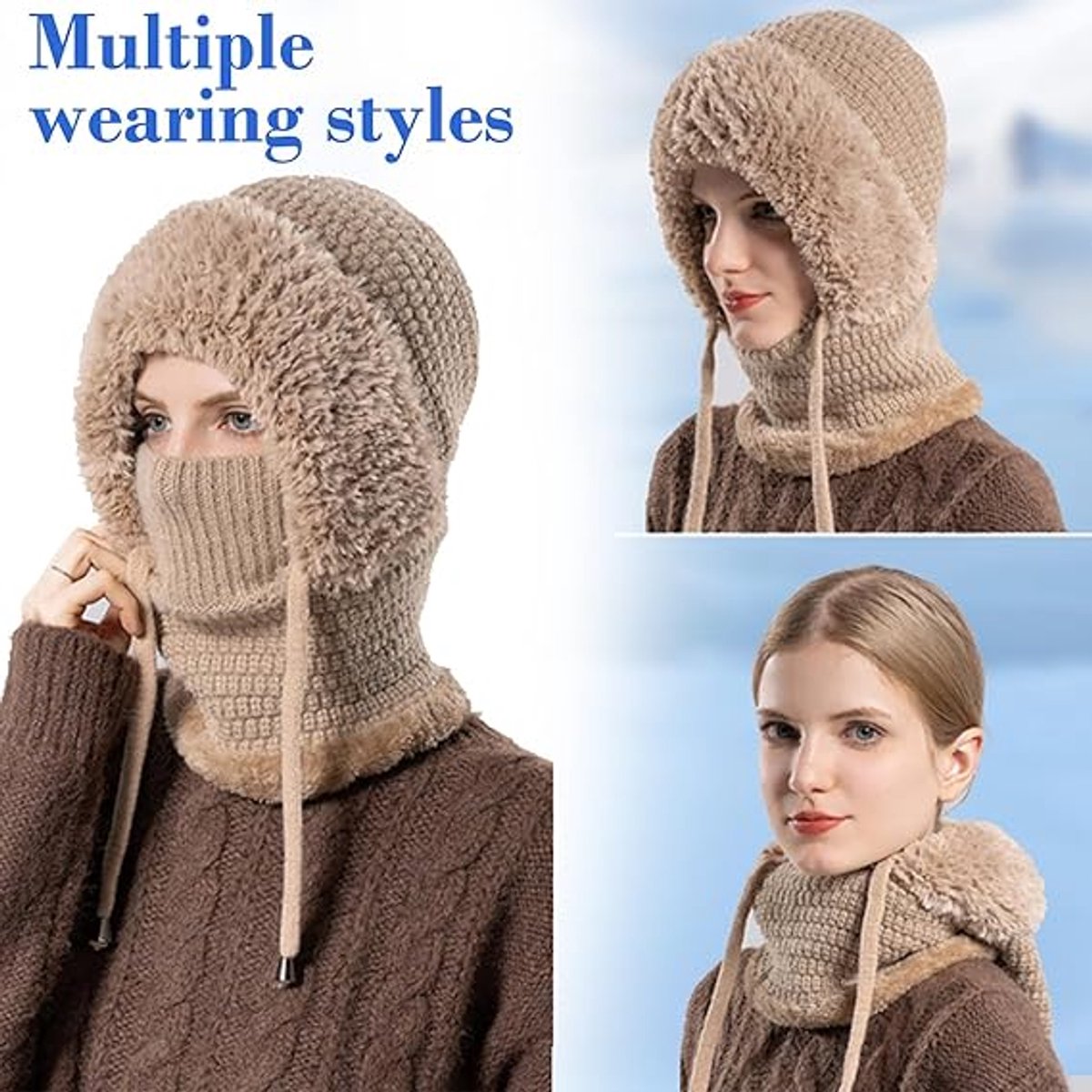 3-in-1 Insulated Hat, Scarf & Face Mask - Knitted Hooded Hat - Ski Face Mask - Warm, Windproof Knitted Headband/Scarf for Fall/Winter