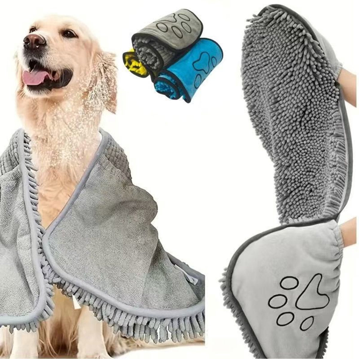 Quick-Drying Dog Towel - Super Absorbent Bath Towel with Paw Pockets (Gray, 62x25cm)