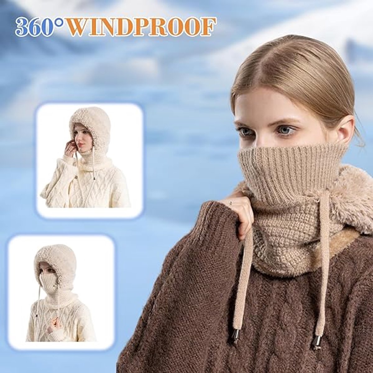 3-in-1 Insulated Hat, Scarf & Face Mask - Knitted Hooded Hat - Ski Face Mask - Warm, Windproof Knitted Headband/Scarf for Fall/Winter