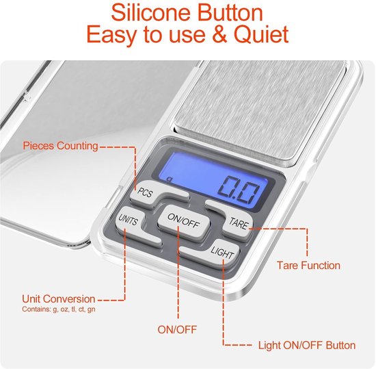 Electronic kitchen scale - Kitchen scale - 500g/0.01g - Food scale - Stainless steel household scale - With display and tare function - Suitable...