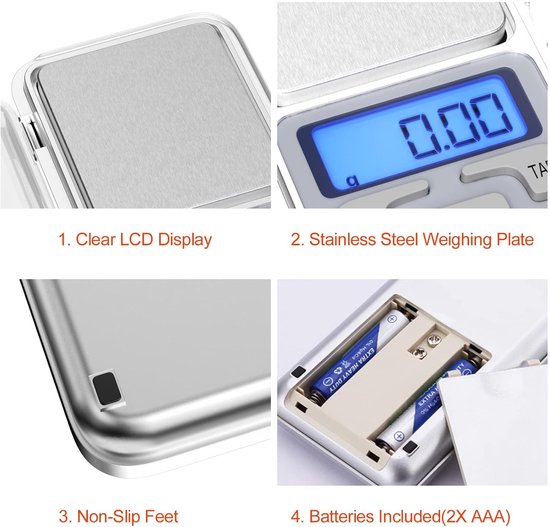 Electronic kitchen scale - Kitchen scale - 500g/0.01g - Food scale - Stainless steel household scale - With display and tare function - Suitable...