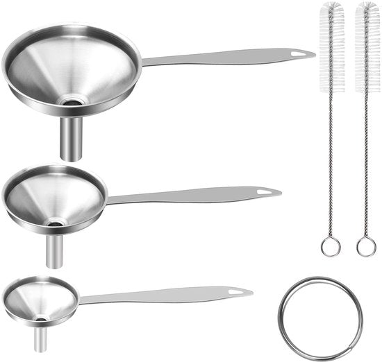 Stainless Steel Funnel Set - Set of 3 - Kitchen Funnels - Various Sizes - Funnels with Long Handles - With 2 Cleaning Brushes - Diameter:...