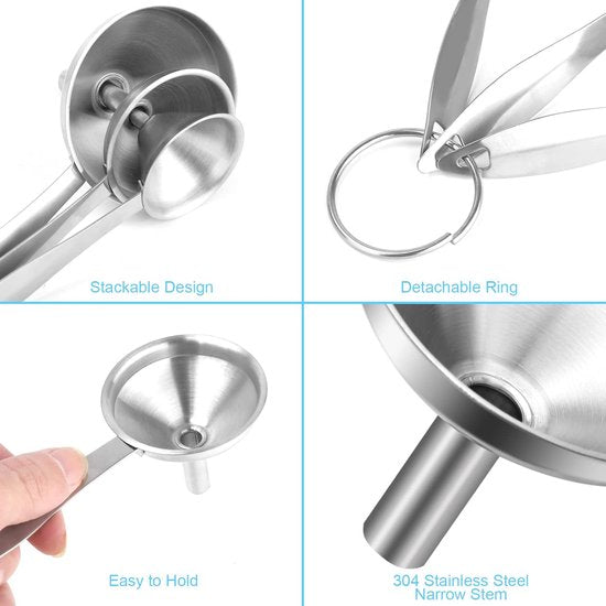 Stainless Steel Funnel Set - Set of 3 - Kitchen Funnels - Various Sizes - Funnels with Long Handles - With 2 Cleaning Brushes - Diameter:...