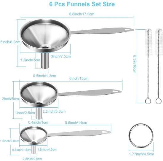 Stainless Steel Funnel Set - Set of 3 - Kitchen Funnels - Various Sizes - Funnels with Long Handles - With 2 Cleaning Brushes - Diameter:...