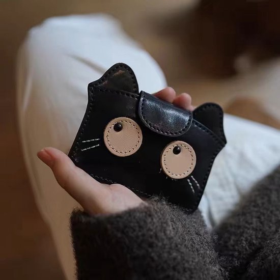 Women's wallet - Solid color - Cat design - A gift for young women and ladies (Black)