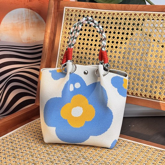 Handbags - Vintage Knitted Shoulder Bags - Casual Knitted Bags - Floral Design - Woven Handle Shopper for Daily Outings & Shopping（Blue）