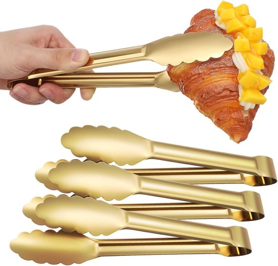 Bread Tongs - 4-Piece Set - Kitchen Tongs for Home Use - Gold Stainless Steel Serving Tongs - Grill Tongs - Steak Tongs - Kitchen Tongs - For...