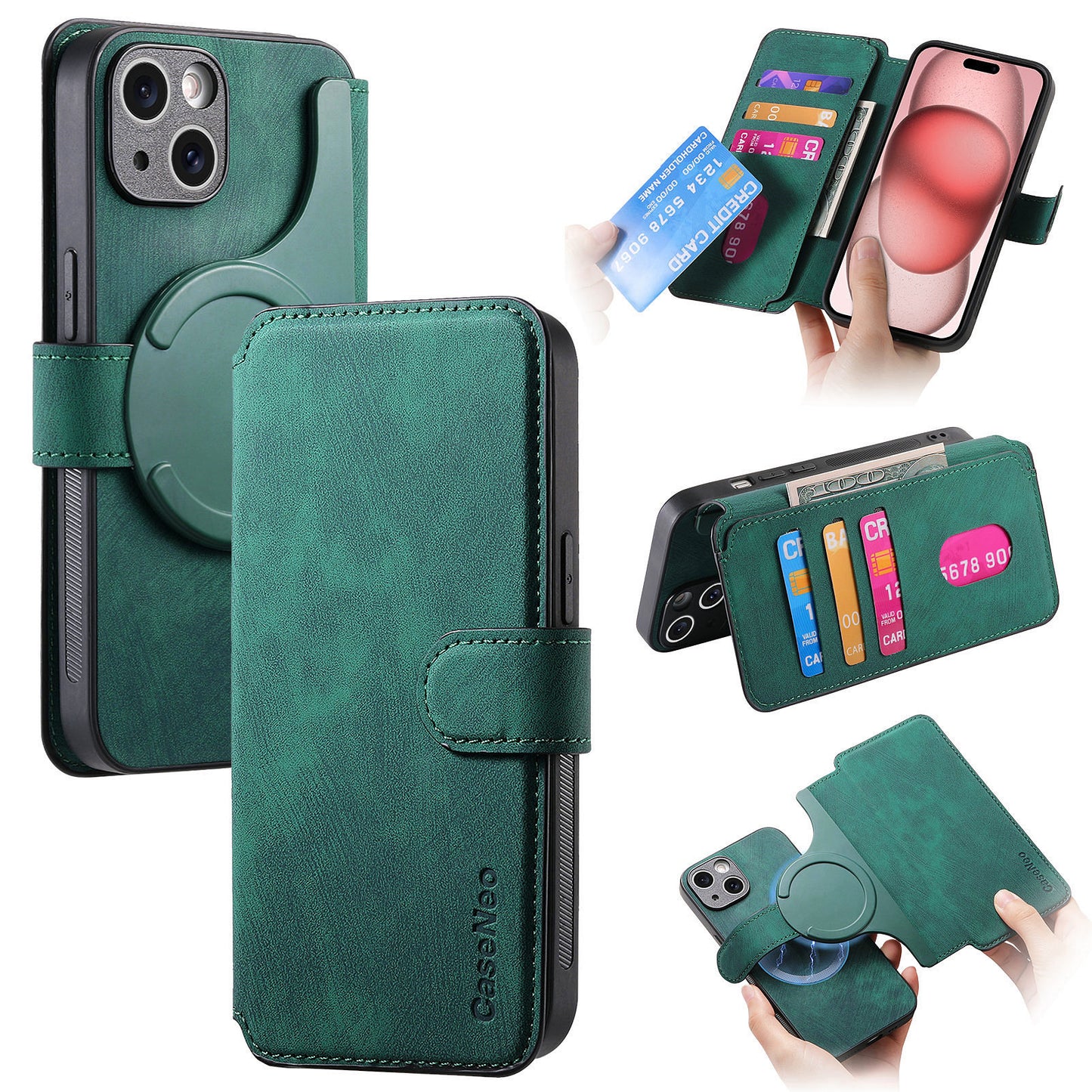 New Magnetic Two-in-one Separation Structure Mobile Phone Case - Card Holder RFID Anti-theft Brush - Suitable for iPhone Mobile Phone Case Gr Green...