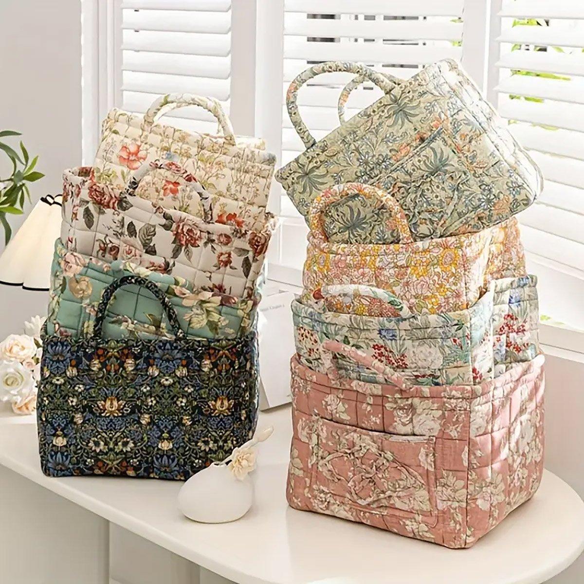 Portable Fabric Storage Basket Korean Pastoral Style Organizer for Home Sundries - Floral5