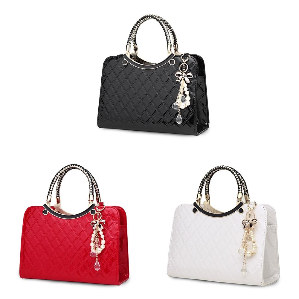 Diamond Pattern Leather Handbag with Hanging Ornaments - Women - Black