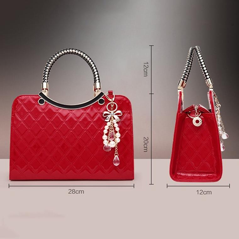 Diamond Pattern Leather Handbag with Hanging Ornaments - Women - Black