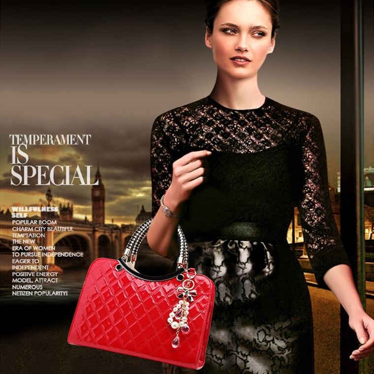 Diamond Pattern Leather Handbag with Hanging Ornaments - Women - Black