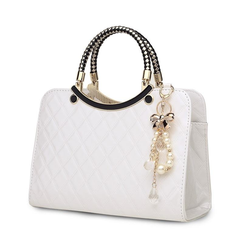 Diamond Pattern Leather Handbag with Hanging Ornaments - Women - Black