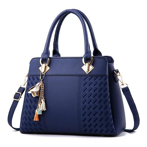 Simple Style Women Leather Crossbody Bag with Tassel Embroidery - Black