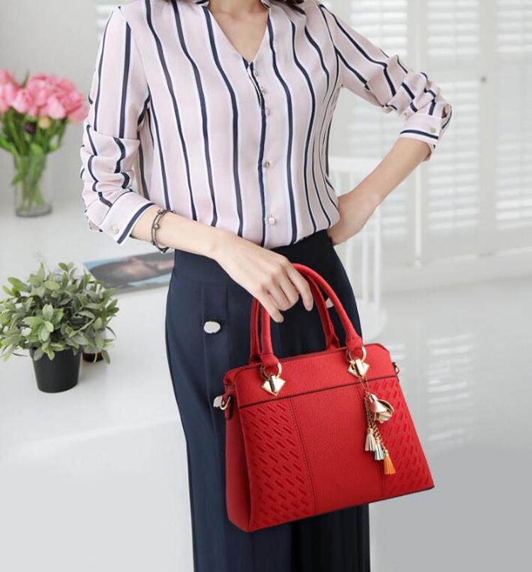 Simple Style Women Leather Crossbody Bag with Tassel Embroidery - Black