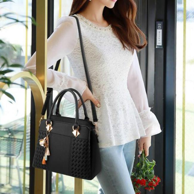 Simple Style Women Leather Crossbody Bag with Tassel Embroidery - Black