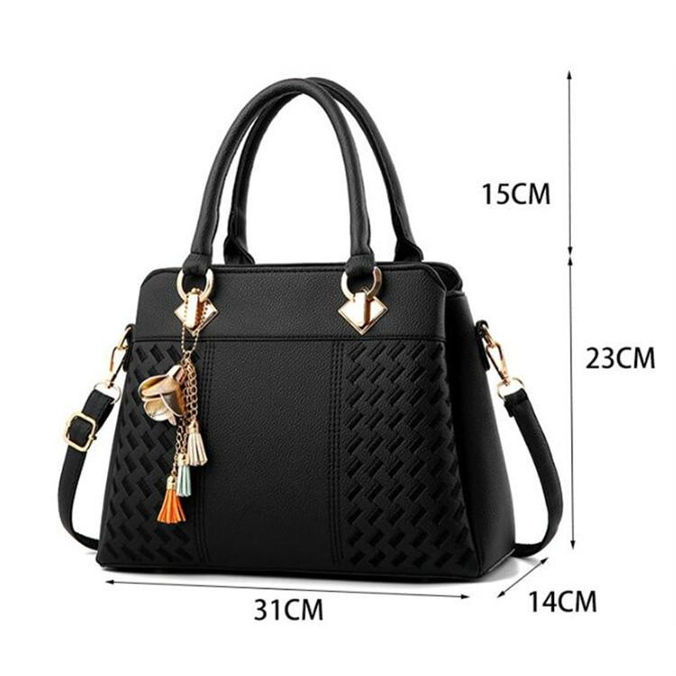 Simple Style Women Leather Crossbody Bag with Tassel Embroidery - Black