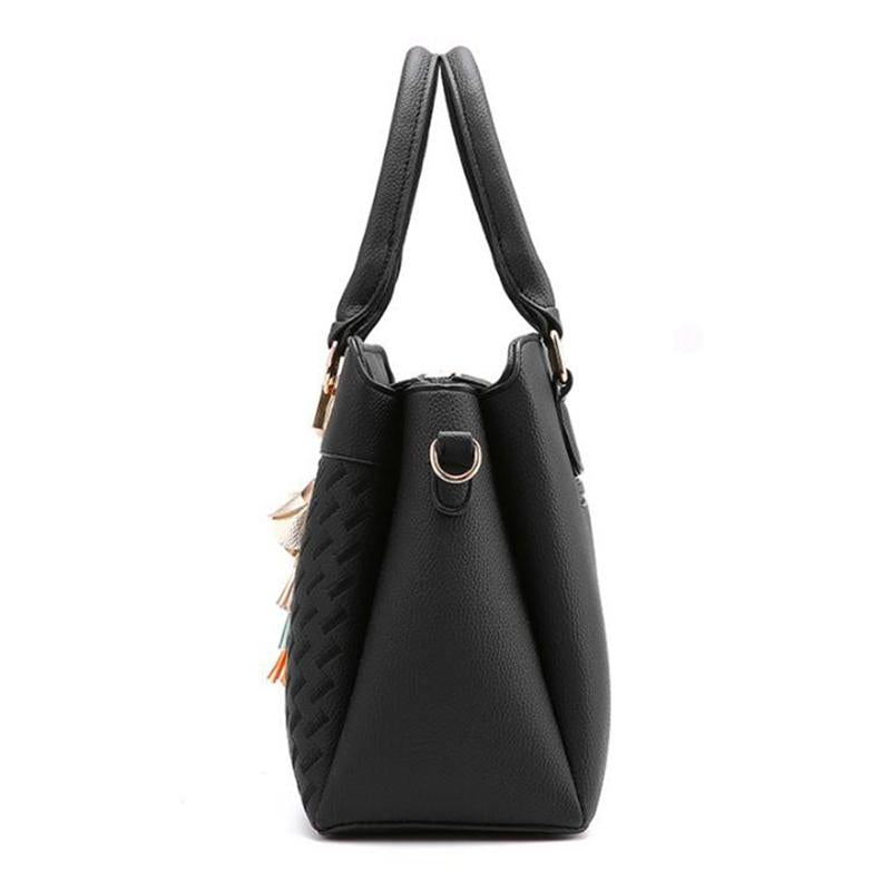 Simple Style Women Leather Crossbody Bag with Tassel Embroidery - Black