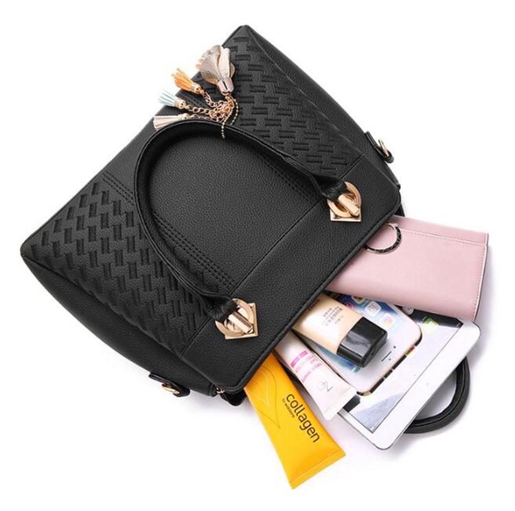 Simple Style Women Leather Crossbody Bag with Tassel Embroidery - Black