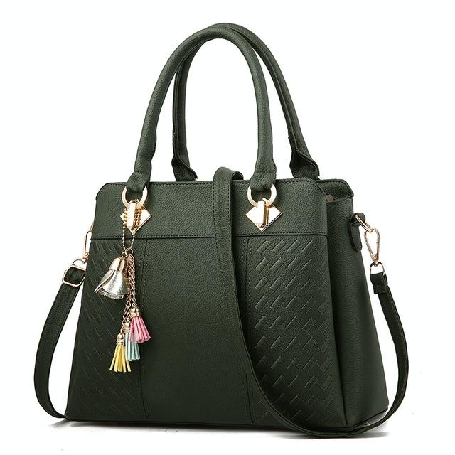 Simple Style Women Leather Crossbody Bag with Tassel Embroidery - Black