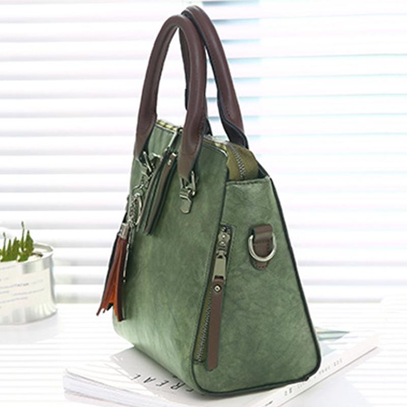 Designer Leather Crossbody Tote with Tassel for Women - Army Green