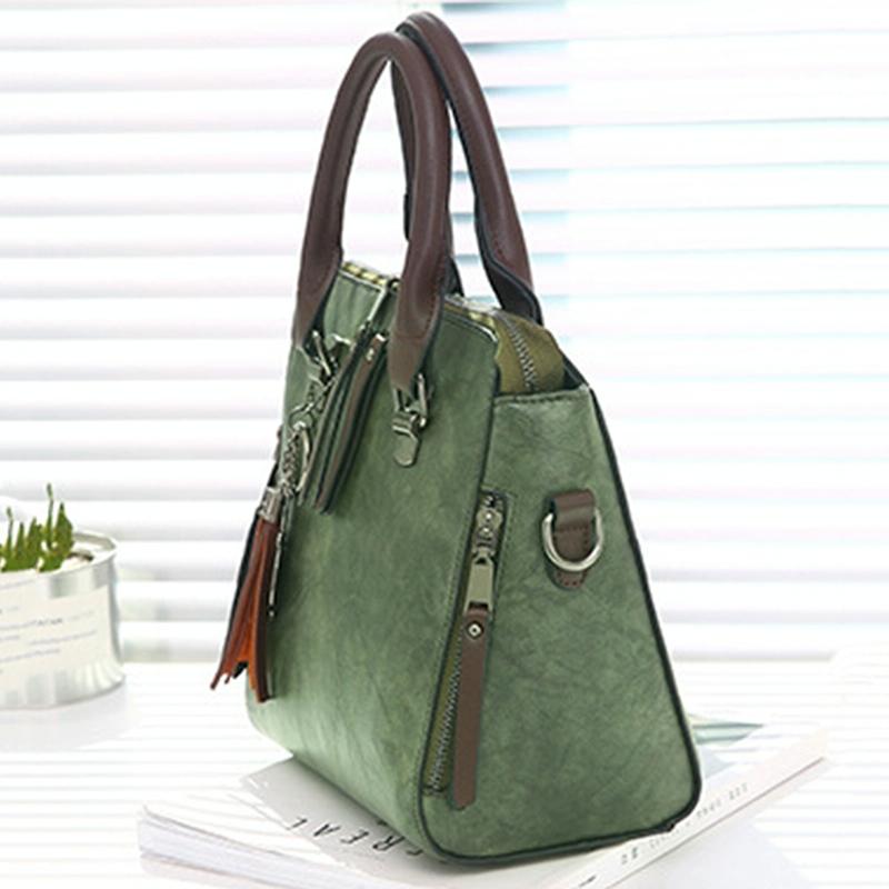Designer Leather Crossbody Tote with Tassel for Women - Army Green
