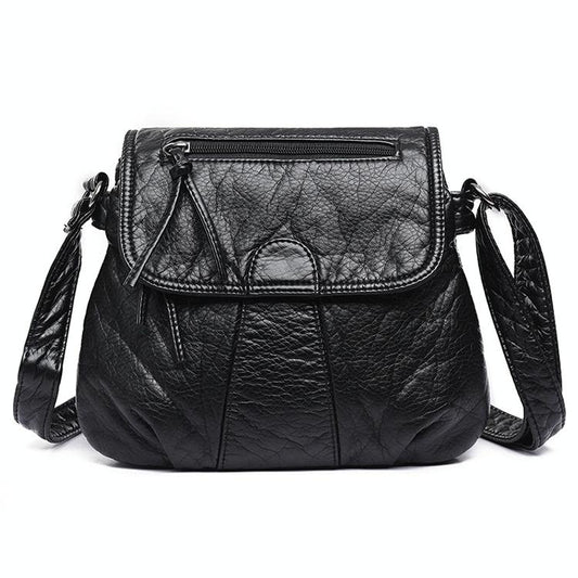 Soft Washed Leather Messenger Bag for Women - Fashionable and Versatile - Black
