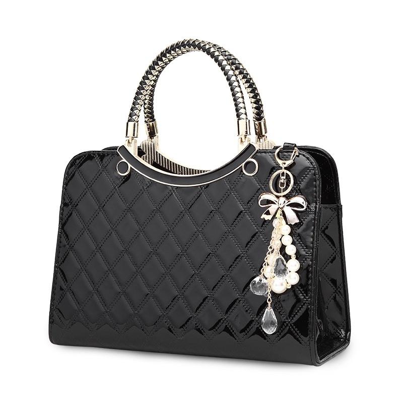 Diamond Pattern Leather Handbag with Hanging Ornaments - Women - Red