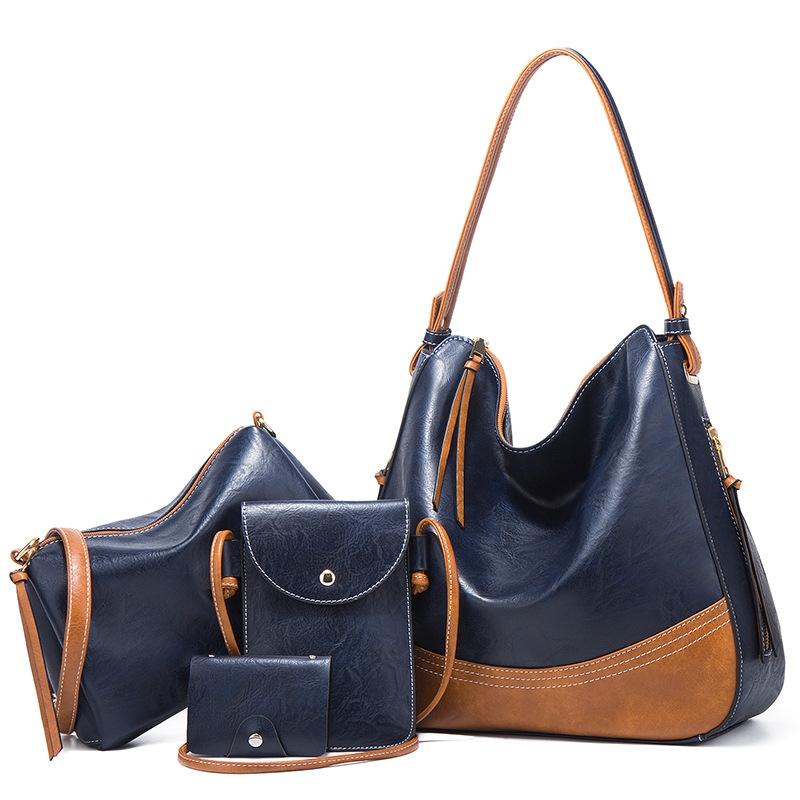 Large Capacity Diagonal Handbags - 4 in 1 Colour Block Leather Bags - Black