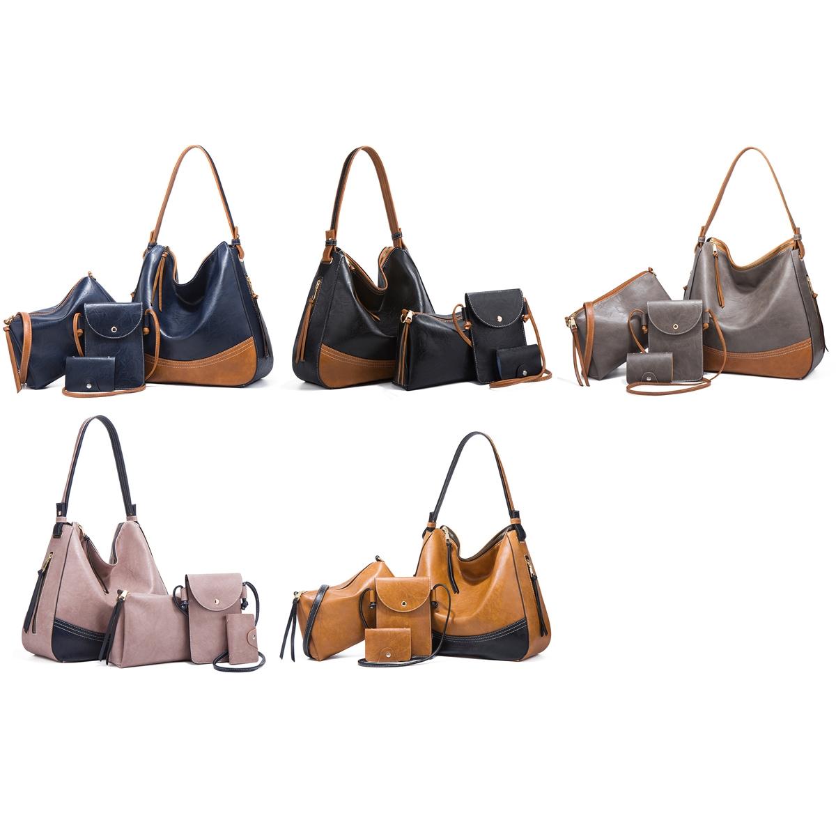Large Capacity Diagonal Handbags - 4 in 1 Colour Block Leather Bags - Black