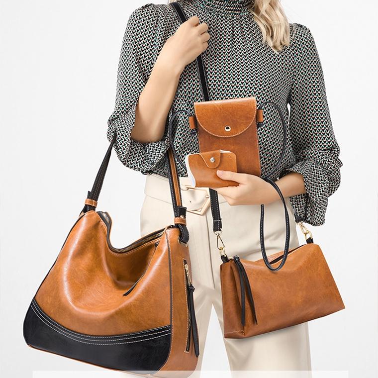 Large Capacity Diagonal Handbags - 4 in 1 Colour Block Leather Bags - Black
