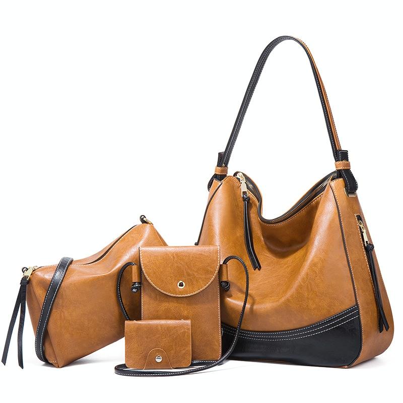 Large Capacity Diagonal Handbags - 4 in 1 Colour Block Leather Bags - Black