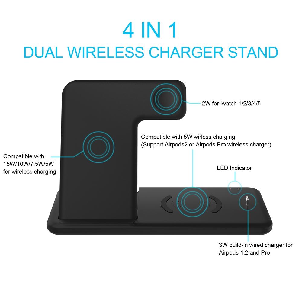 4 In 1 Wireless Charger Stand For Iphone Apple Watch Airpods Dual Phone Charging Black