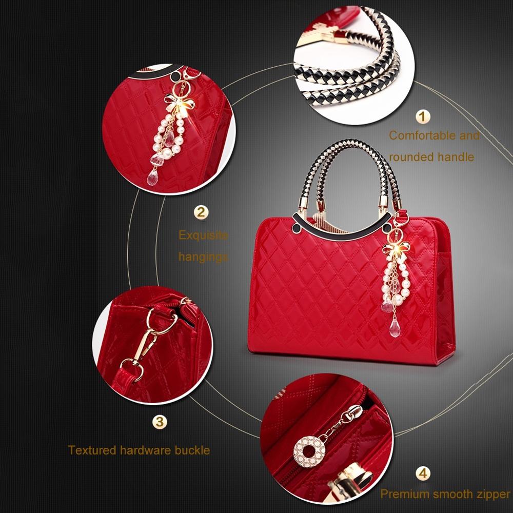 Diamond Pattern Leather Handbag with Hanging Ornaments - Women - White