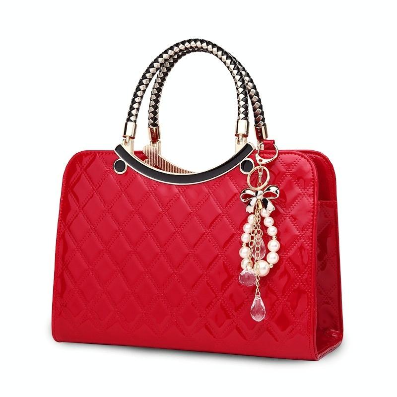 Diamond Pattern Leather Handbag with Hanging Ornaments - Women - White