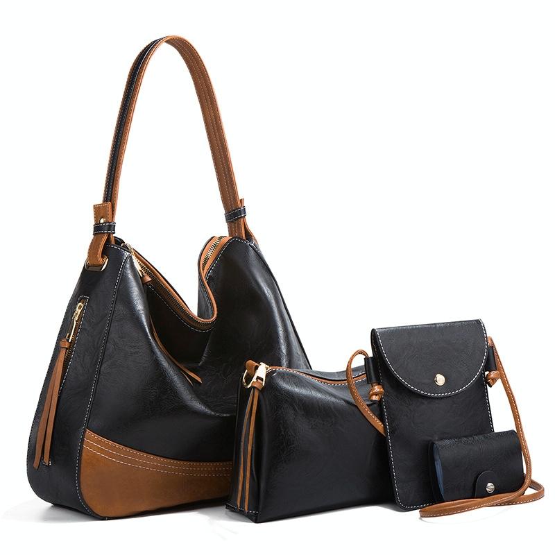 Large Capacity Diagonal Handbags - 4 in 1 Colour Block Leather Bags - Brown