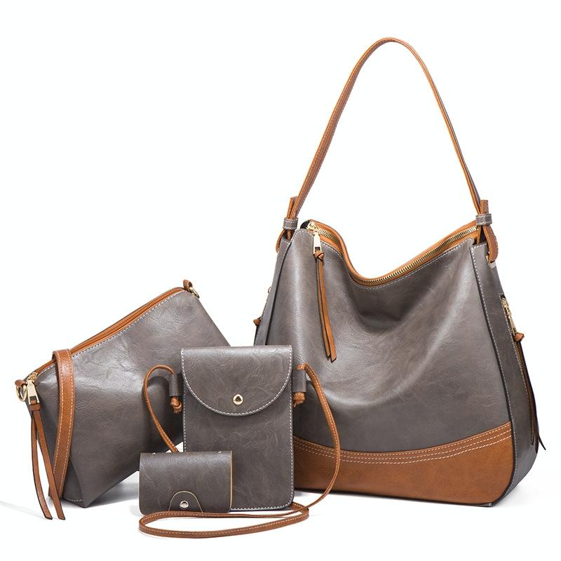 Large Capacity Diagonal Handbags - 4 in 1 Colour Block Leather Bags - Brown