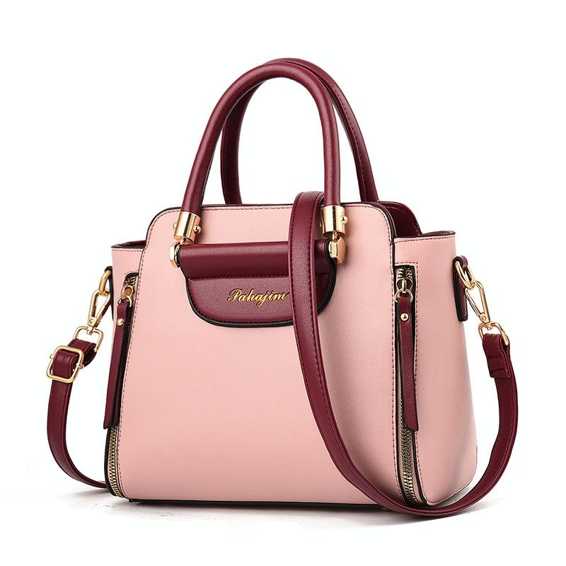 Contrast Material Ladies Handbag - Red Wine White