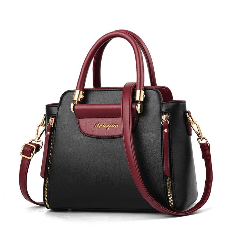 Contrast Material Ladies Handbag - Red Wine White