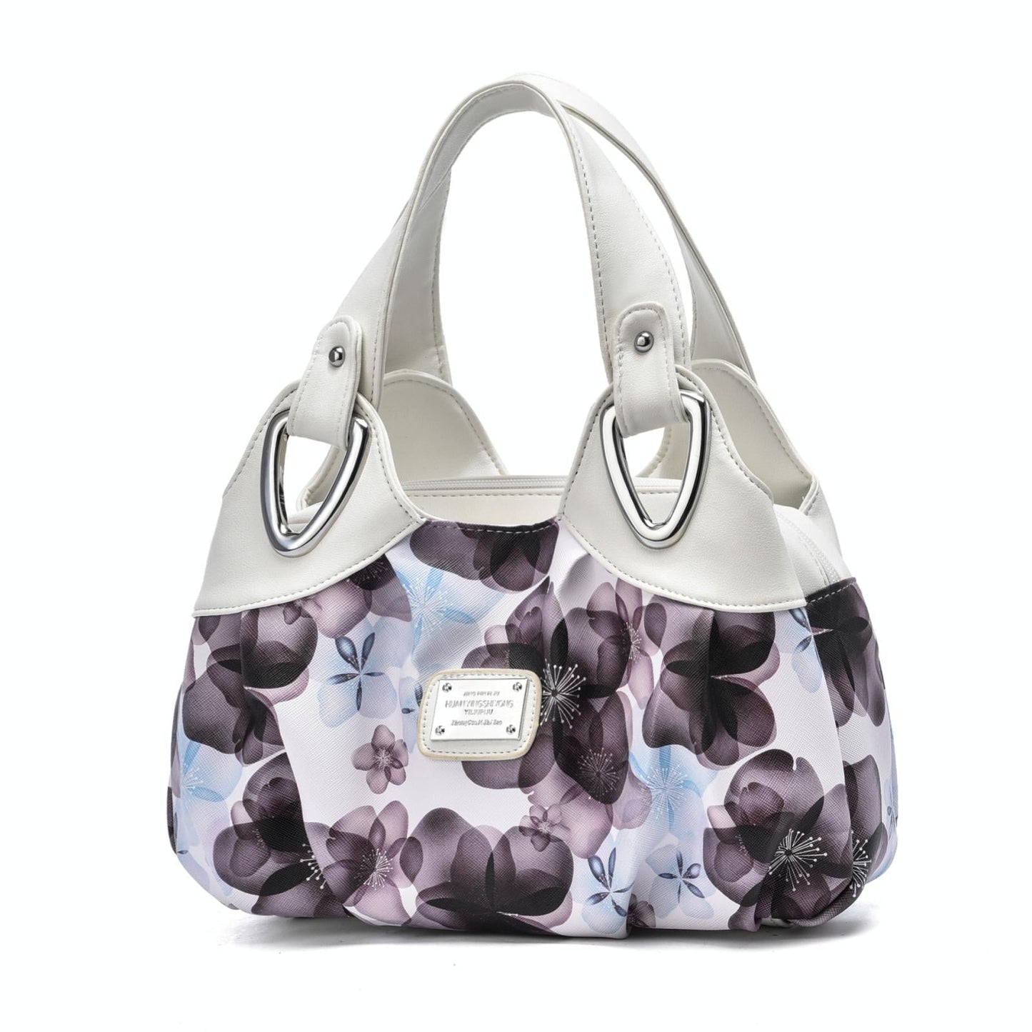 Soft Leather Women Handbag - White Handle Purple Flower