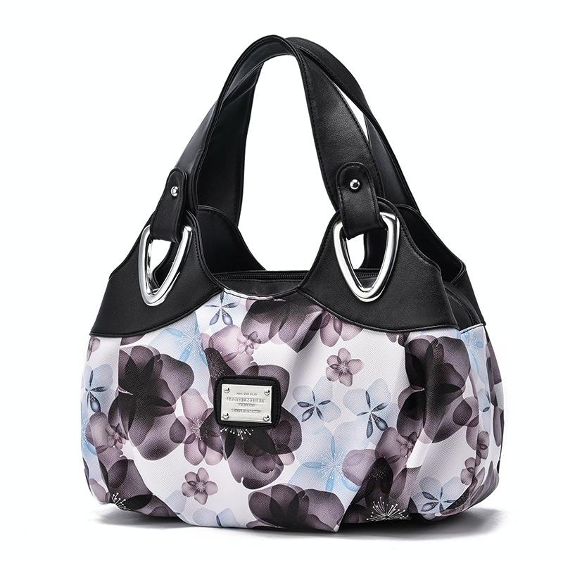 Soft Leather Women Handbag - White Handle Purple Flower