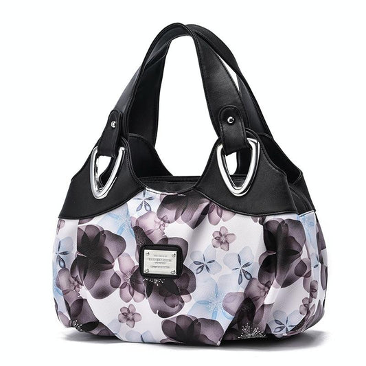 Soft Leather Women Handbag - Black Handle Purple Flower