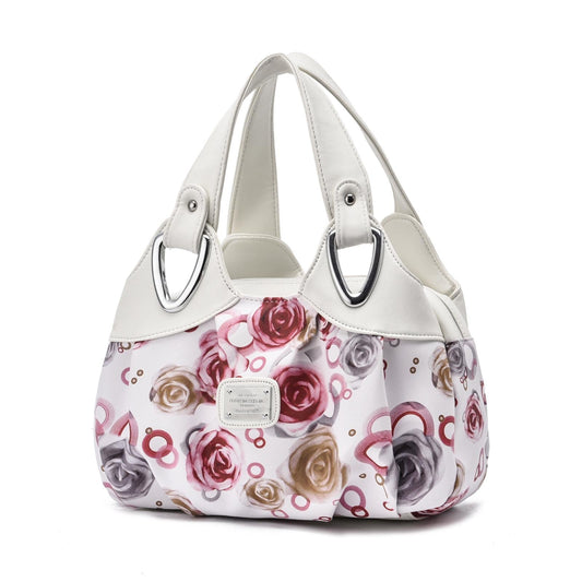 Soft Leather Women Handbag - White Handle Red Rose