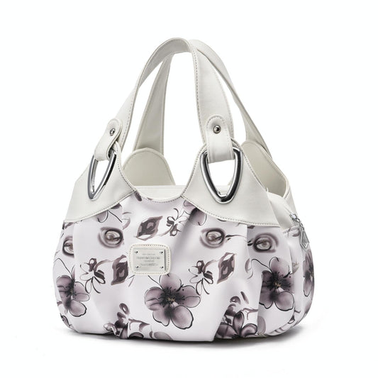 Soft Leather Women Handbag - White Handle Gray Flower