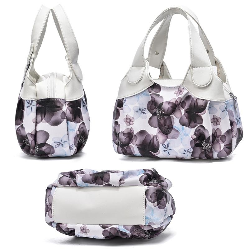 Soft Leather Women Handbag - White Handle Gray Flower