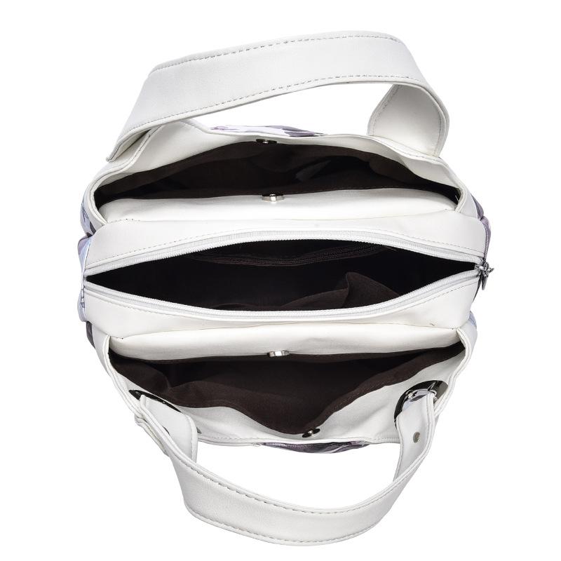 Soft Leather Women Handbag - White Handle Gray Flower